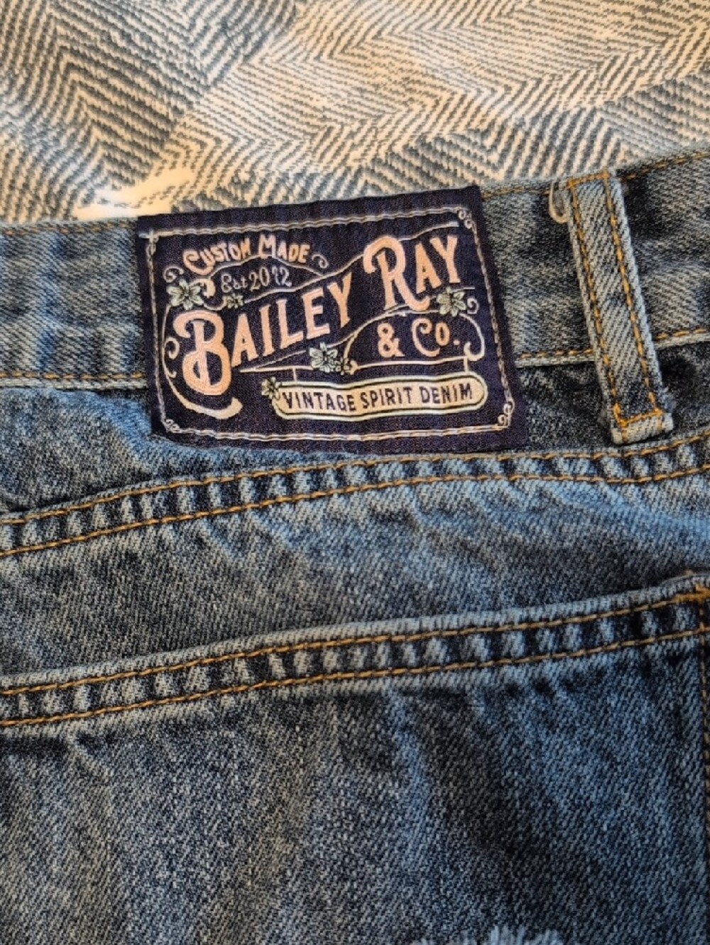 Bailey Ray & Co Blue Denim Cutoff Shorts with Red & White Flag Patches. American - Picture 3 of 7